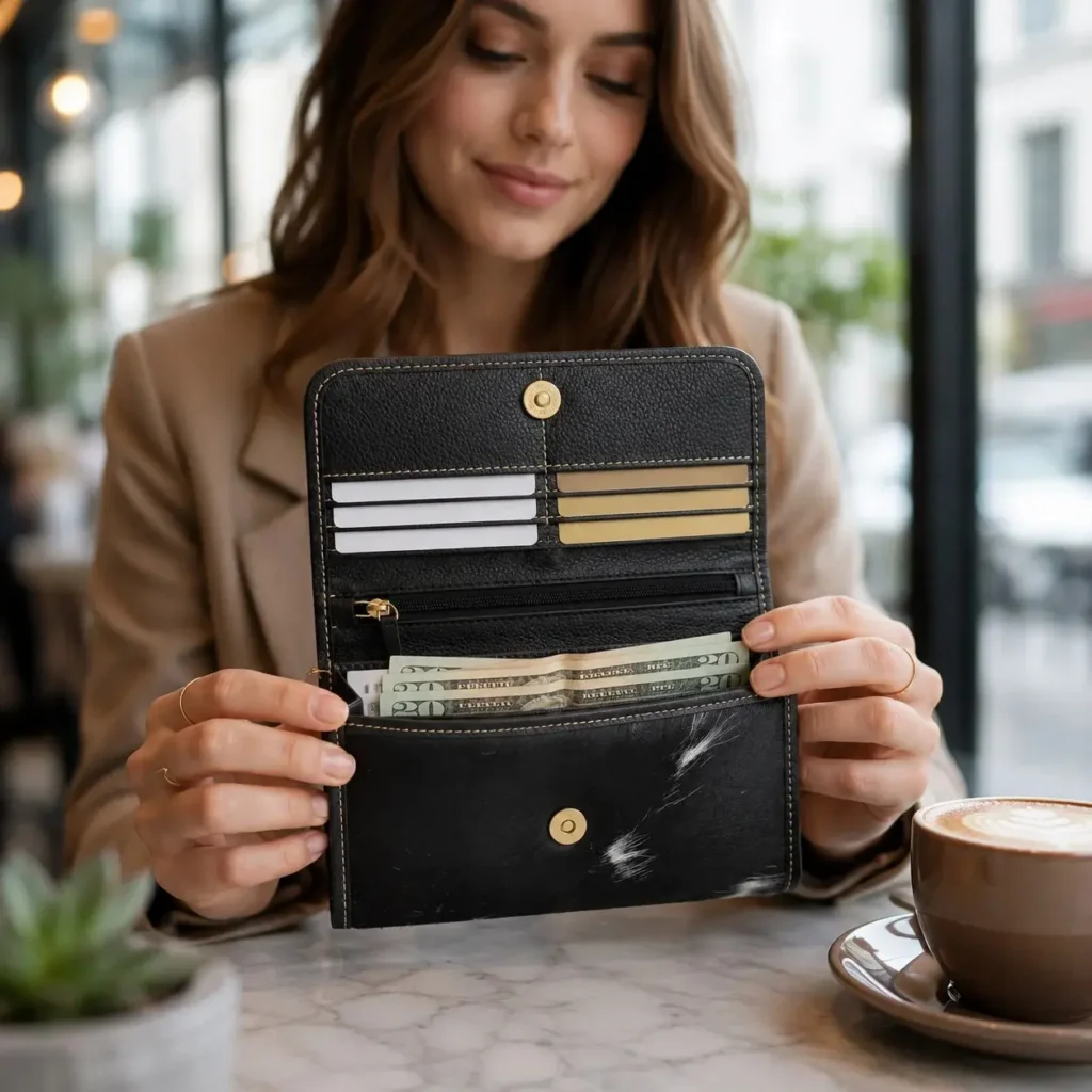 Black cowhide women flip hand wallet with magnetic cover, card holders and zipper compartments