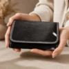 Black cowhide women flip hand wallet with magnetic cover, card holders and zipper compartments