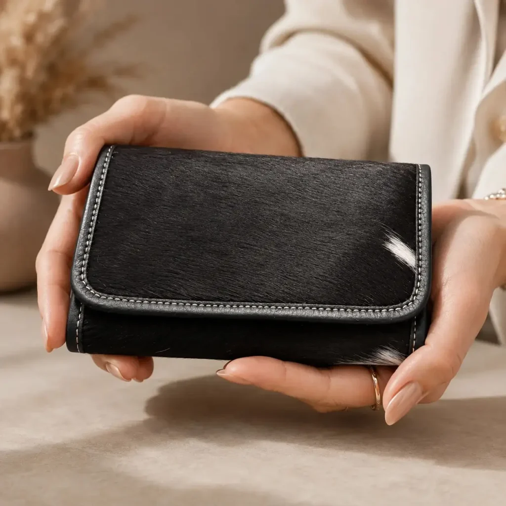 Black cowhide women flip hand wallet with magnetic cover, card holders and zipper compartments