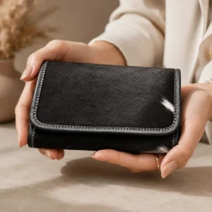 Black cowhide women flip hand wallet with magnetic cover, card holders and zipper compartments