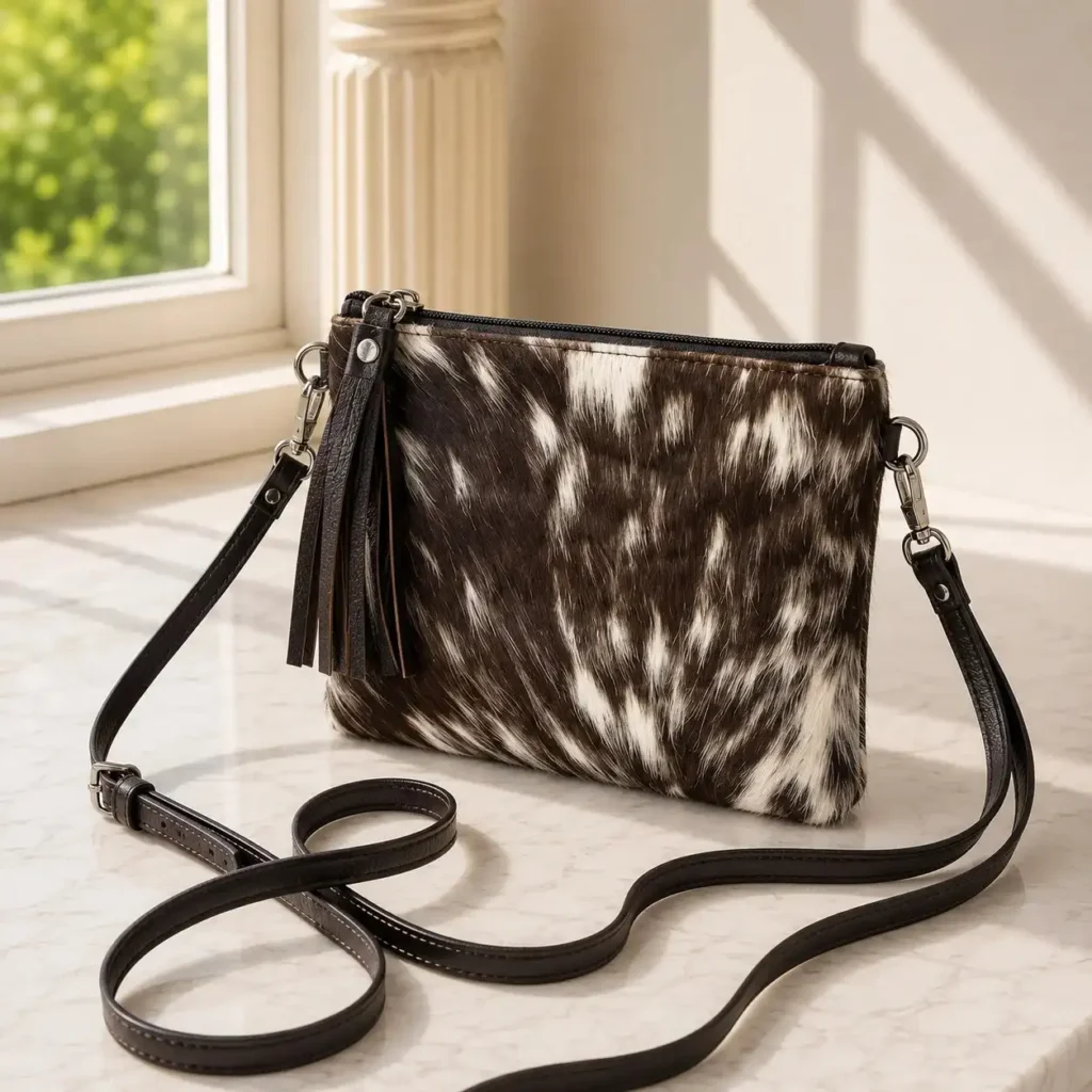 Dark brown and white cowhide mobile phone pouch square style with zipper pocket, adjustable shoulder strap and leather tassel detail