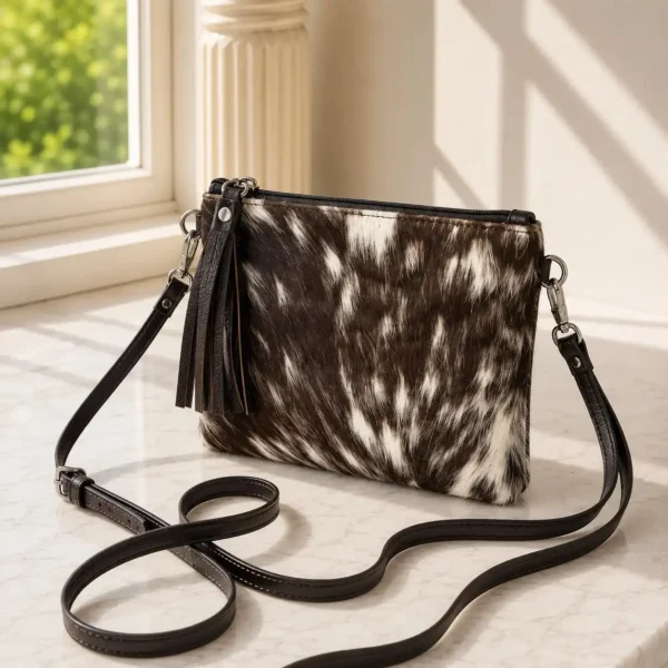 Dark brown and white cowhide mobile phone pouch square style with zipper pocket, adjustable shoulder strap and leather tassel detail