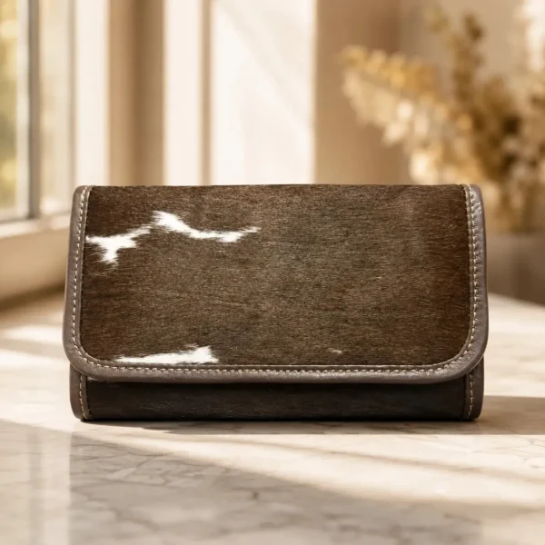 Brown cowhide women flip hand wallet with magnetic flap cover and multiple card compartments