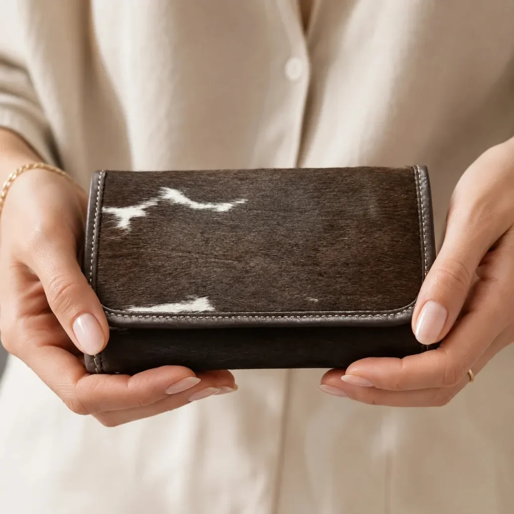 Brown cowhide women flip hand wallet with magnetic flap cover and multiple card compartments
