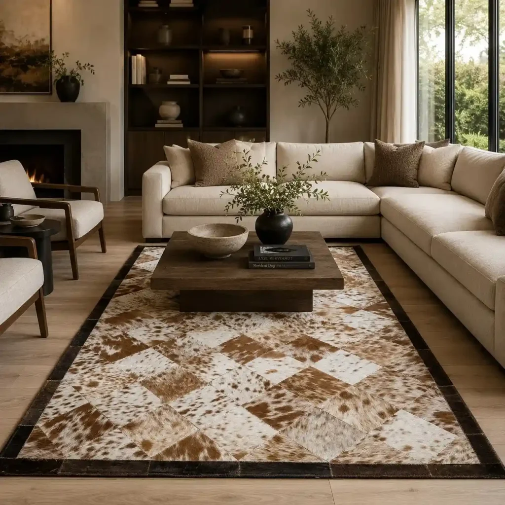 Natural handmade square cowhide rug with genuine leather pattern for living room