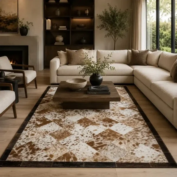 Natural handmade square cowhide rug with genuine leather pattern for living room
