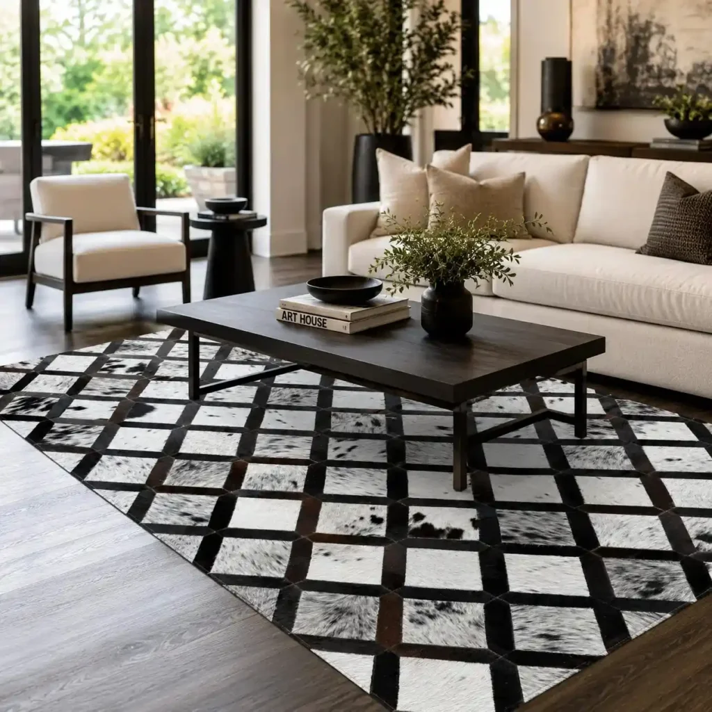 Natural handmade square cowhide rug with genuine leather pattern for living room