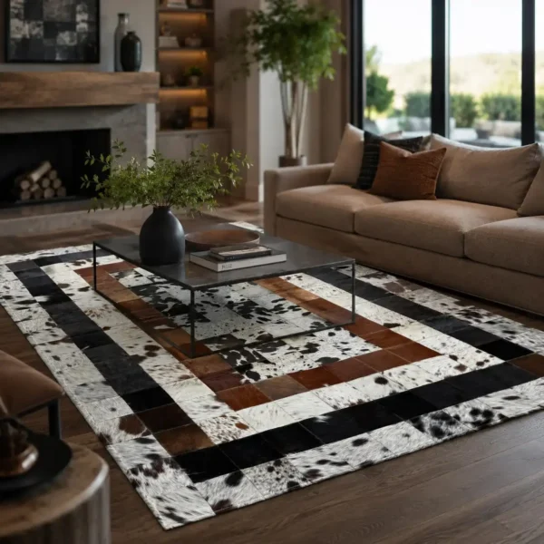 Natural handmade square cowhide rug with genuine leather pattern for living room