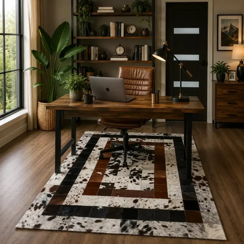 Natural handmade square cowhide rug with genuine leather pattern for living room