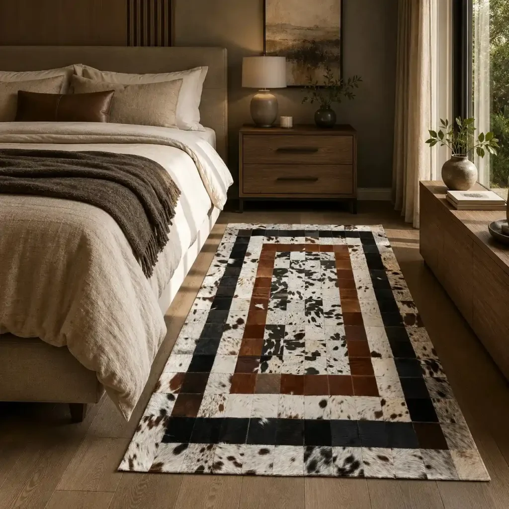 Natural handmade square cowhide rug with genuine leather pattern for living room