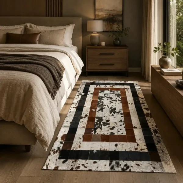 Natural handmade square cowhide rug with genuine leather pattern for living room