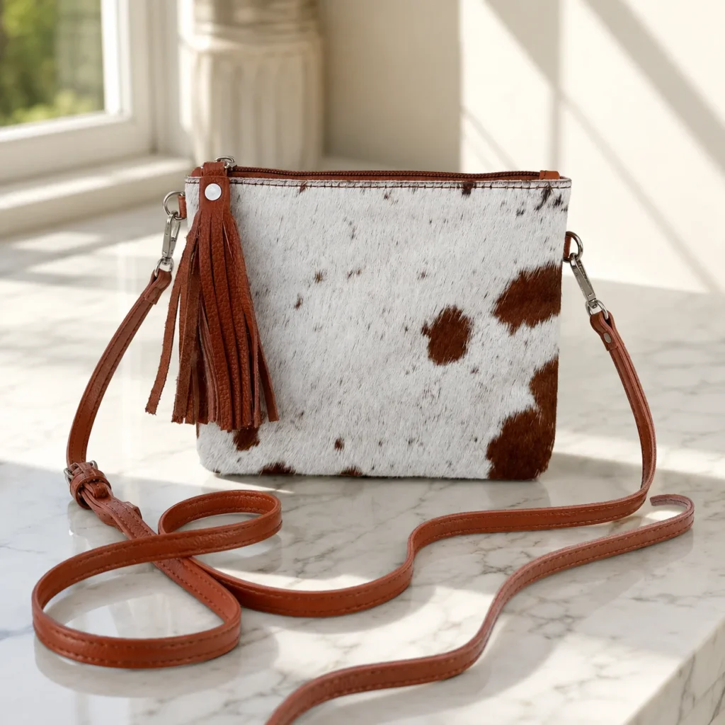 Cowhide mobile phone pouch square style with brown and white cowhide pattern, tan leather strap, zipper pocket and adjustable shoulder strap