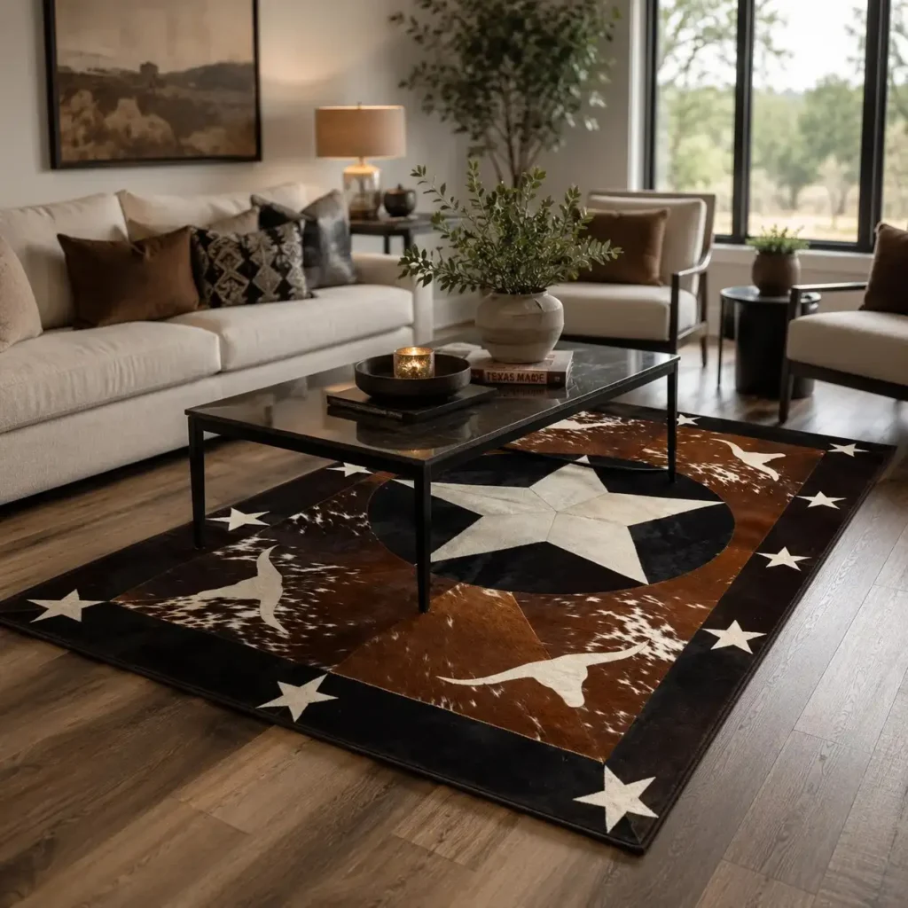 Handmade cowhide square rug with natural pattern for modern living room