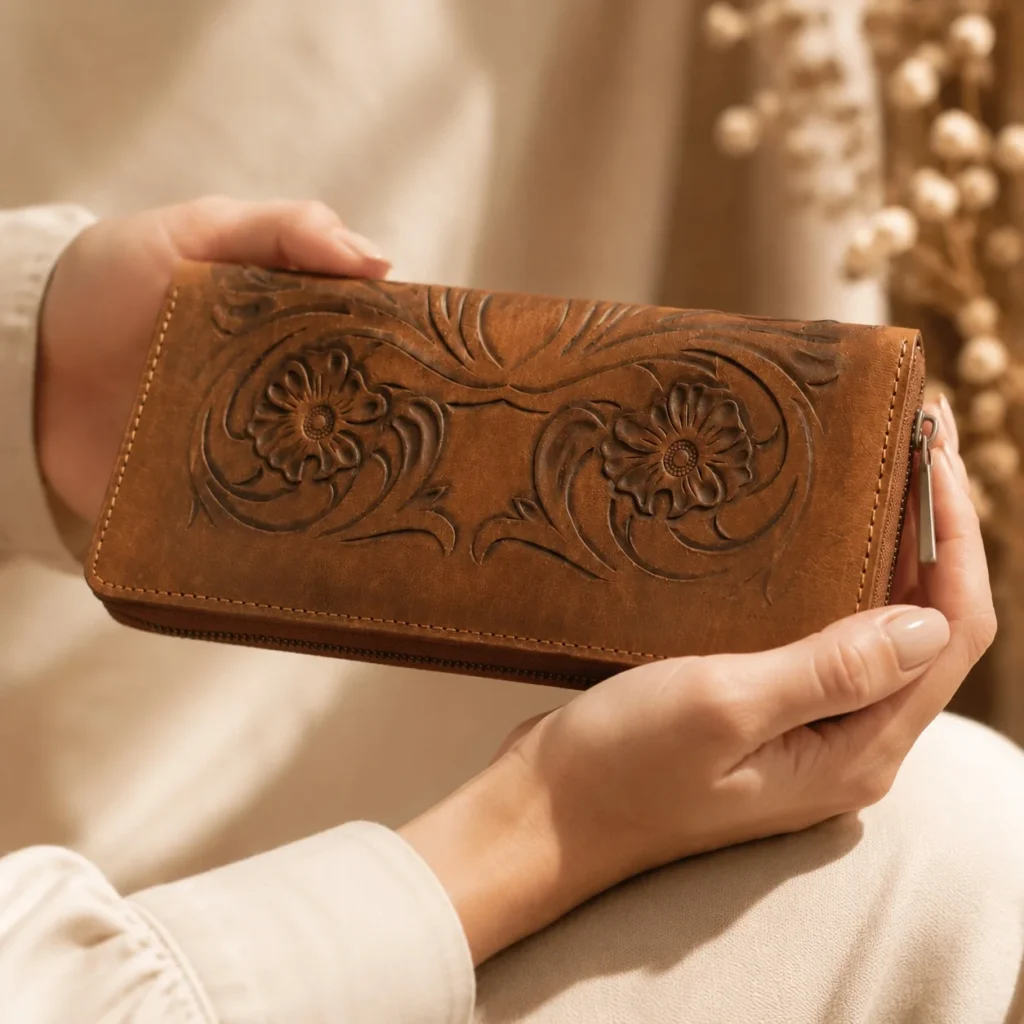 Tan Women Hand Tooled Leather Wallet