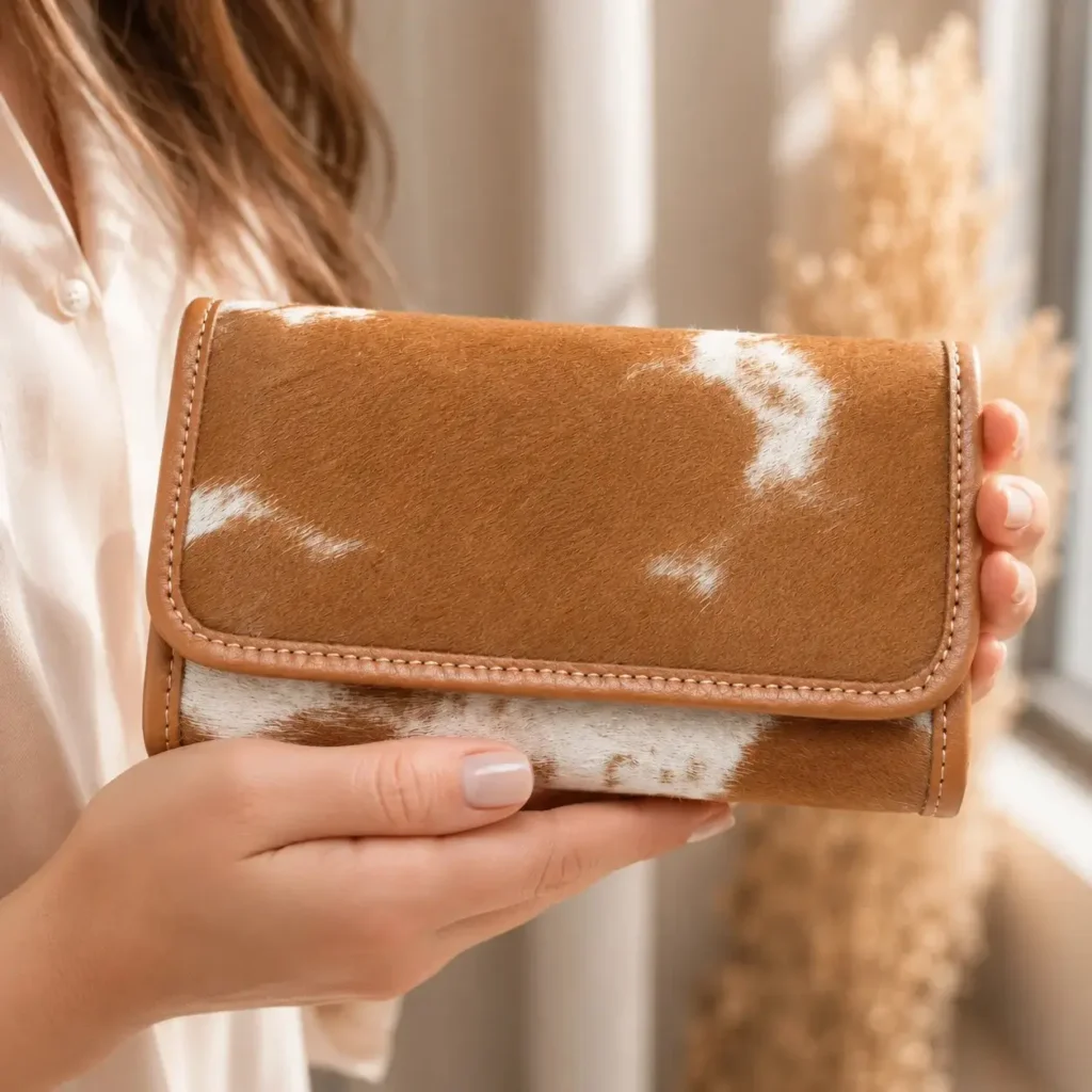 Tan Cowhide Wallet for Women with Flip Cover, Card Holders & Zipper Pockets