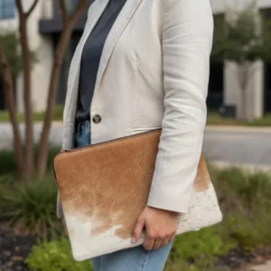 Tan Cowhide Laptop Case Large Padded Zipper Sleeve