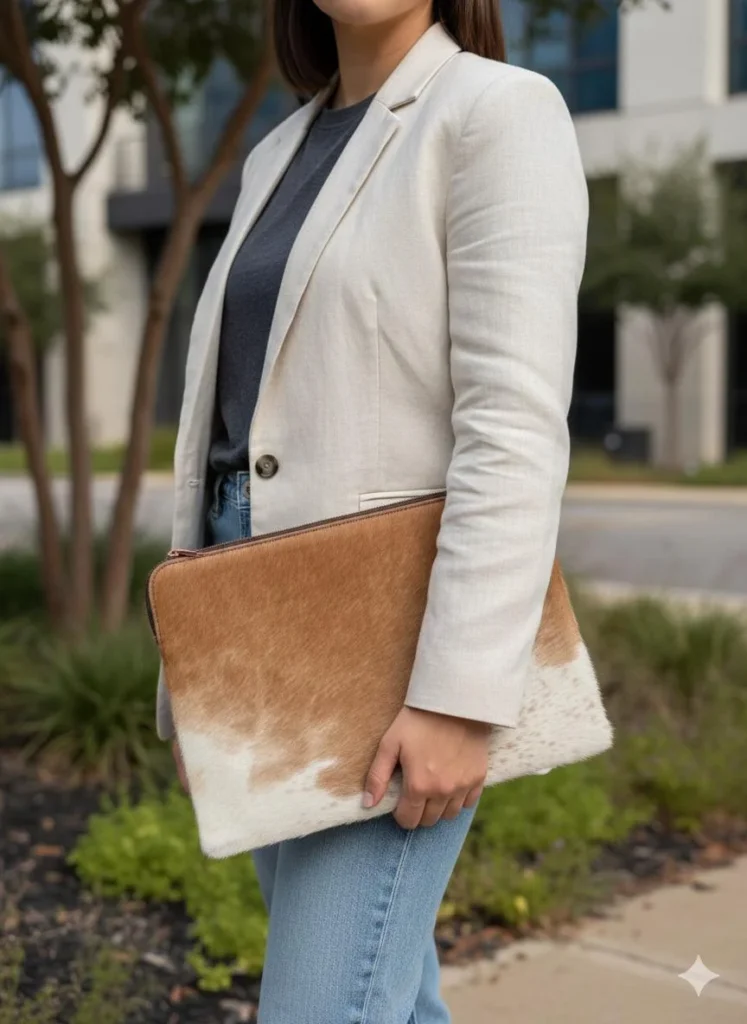 Tan Cowhide Laptop Case Large Padded Zipper Sleeve