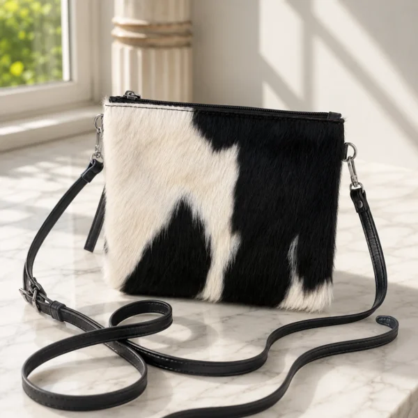 Cowhide mobile phone pouch square style with brown and white cowhide pattern, tan leather strap, zipper pocket and adjustable shoulder strap