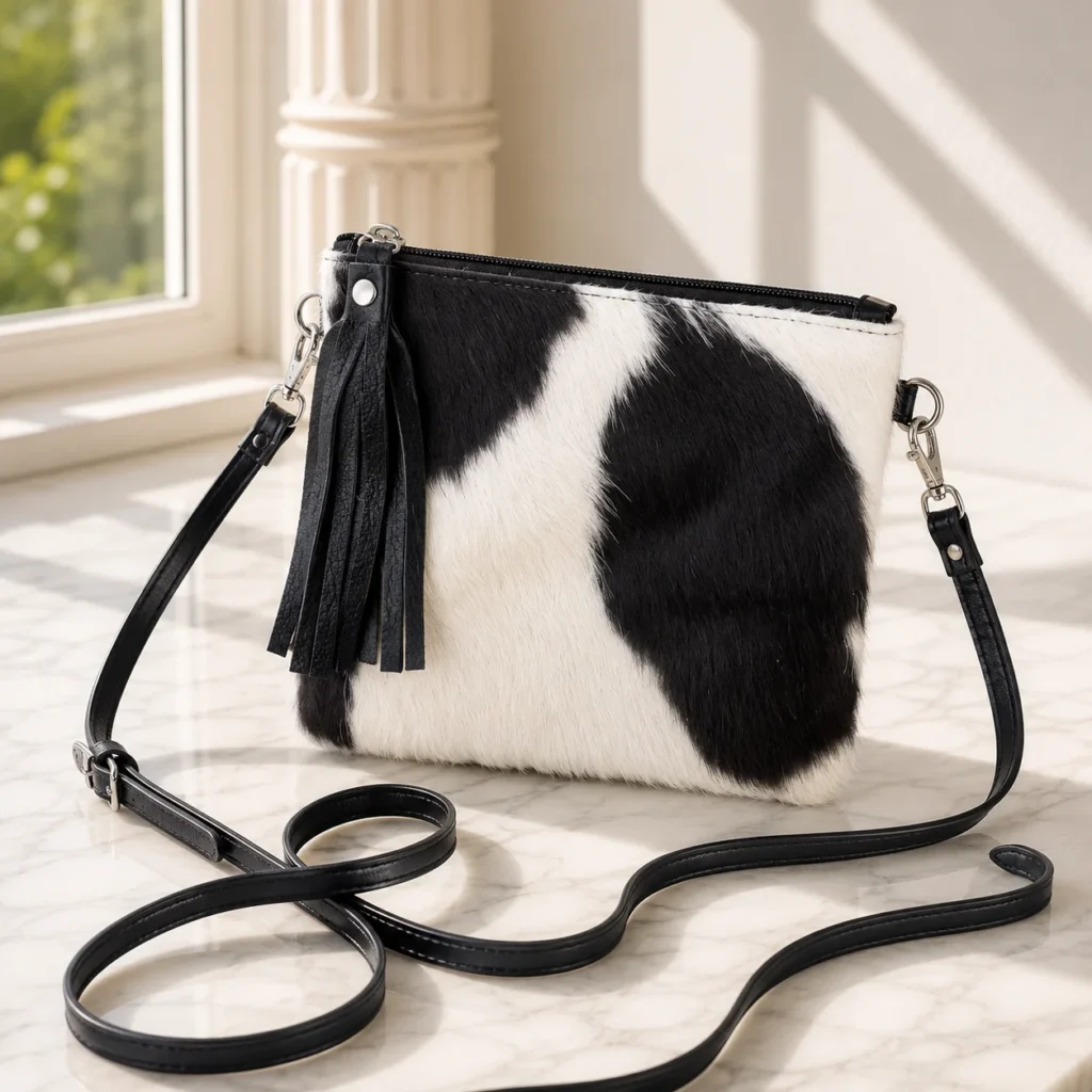Cowhide mobile phone pouch square style with brown and white cowhide pattern, tan leather strap, zipper pocket and adjustable shoulder strap