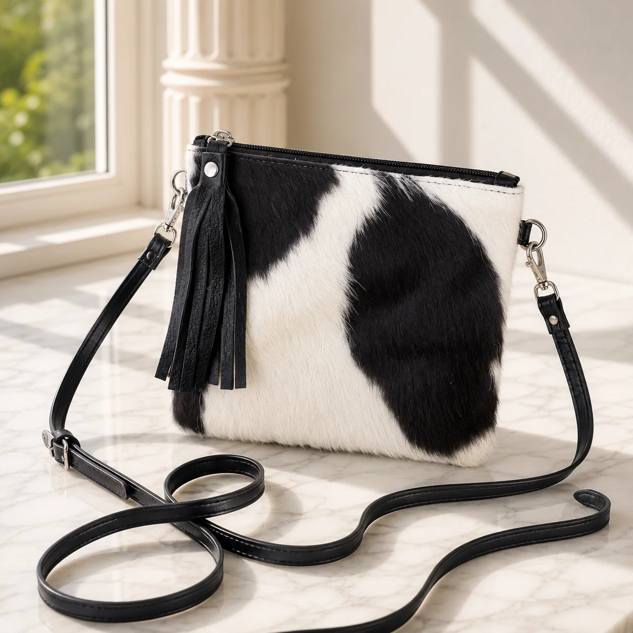 Cowhide mobile phone pouch square style with brown and white cowhide pattern, tan leather strap, zipper pocket and adjustable shoulder strap