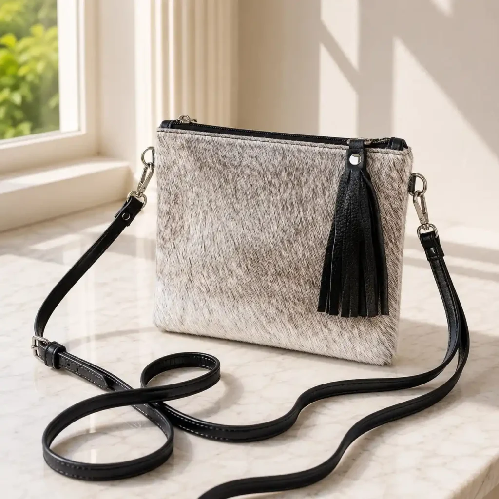 Gray black cowhide mobile phone pouch square style with black leather tassel, zipper pocket and adjustable shoulder strap