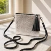 Gray black cowhide mobile phone pouch square style with black leather tassel, zipper pocket and adjustable shoulder strap