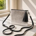 Gray black cowhide mobile phone pouch square style with black leather tassel, zipper pocket and adjustable shoulder strap