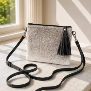 Gray black cowhide mobile phone pouch square style with black leather tassel, zipper pocket and adjustable shoulder strap