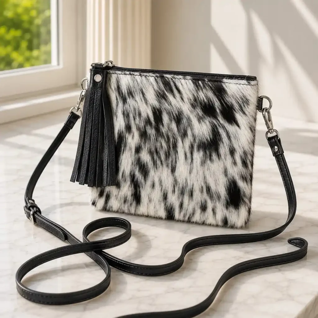 Black and white cowhide mobile phone pouch square style with zipper pocket, cow finished leather strap and adjustable shoulder bag design