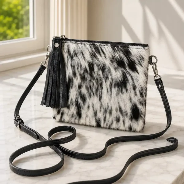 Black and white cowhide mobile phone pouch square style with zipper pocket, cow finished leather strap and adjustable shoulder bag design