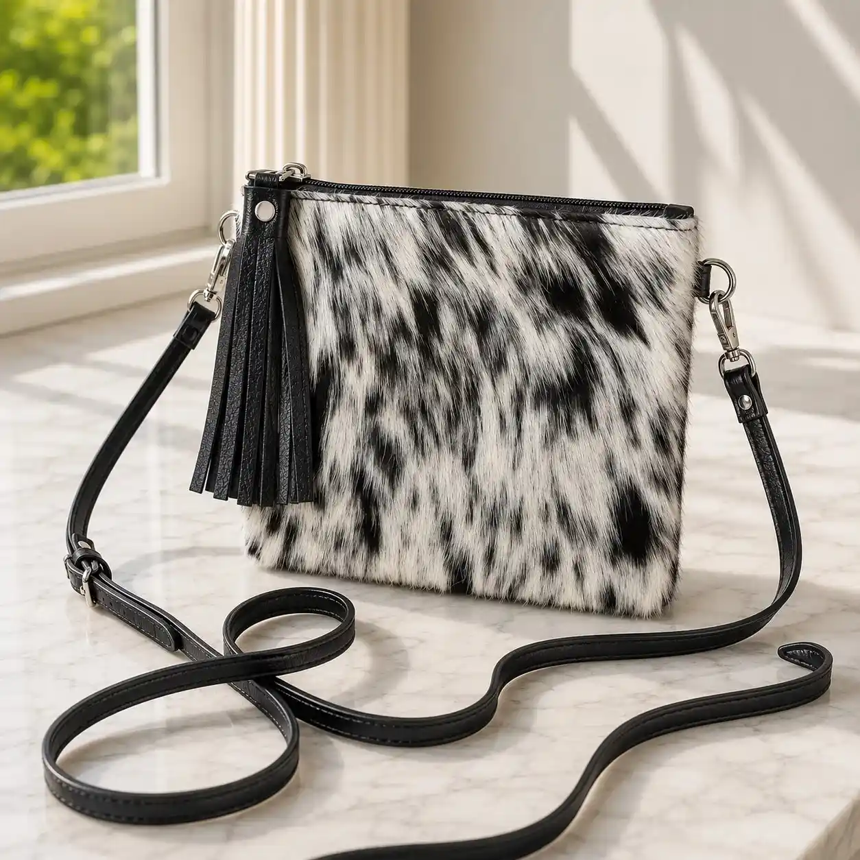Black and white cowhide mobile phone pouch square style with zipper pocket, cow finished leather strap and adjustable shoulder bag design
