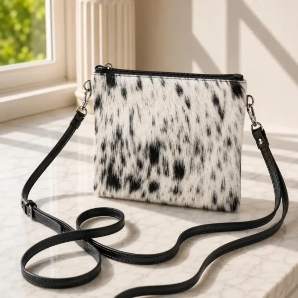 Black and white cowhide mobile phone pouch square style with zipper pocket, cow finished leather strap and adjustable shoulder bag design