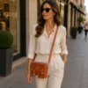 Tan leather cowhide crossbody bag box style purse for women with adjustable strap, large main compartment and inside pocket, structured design