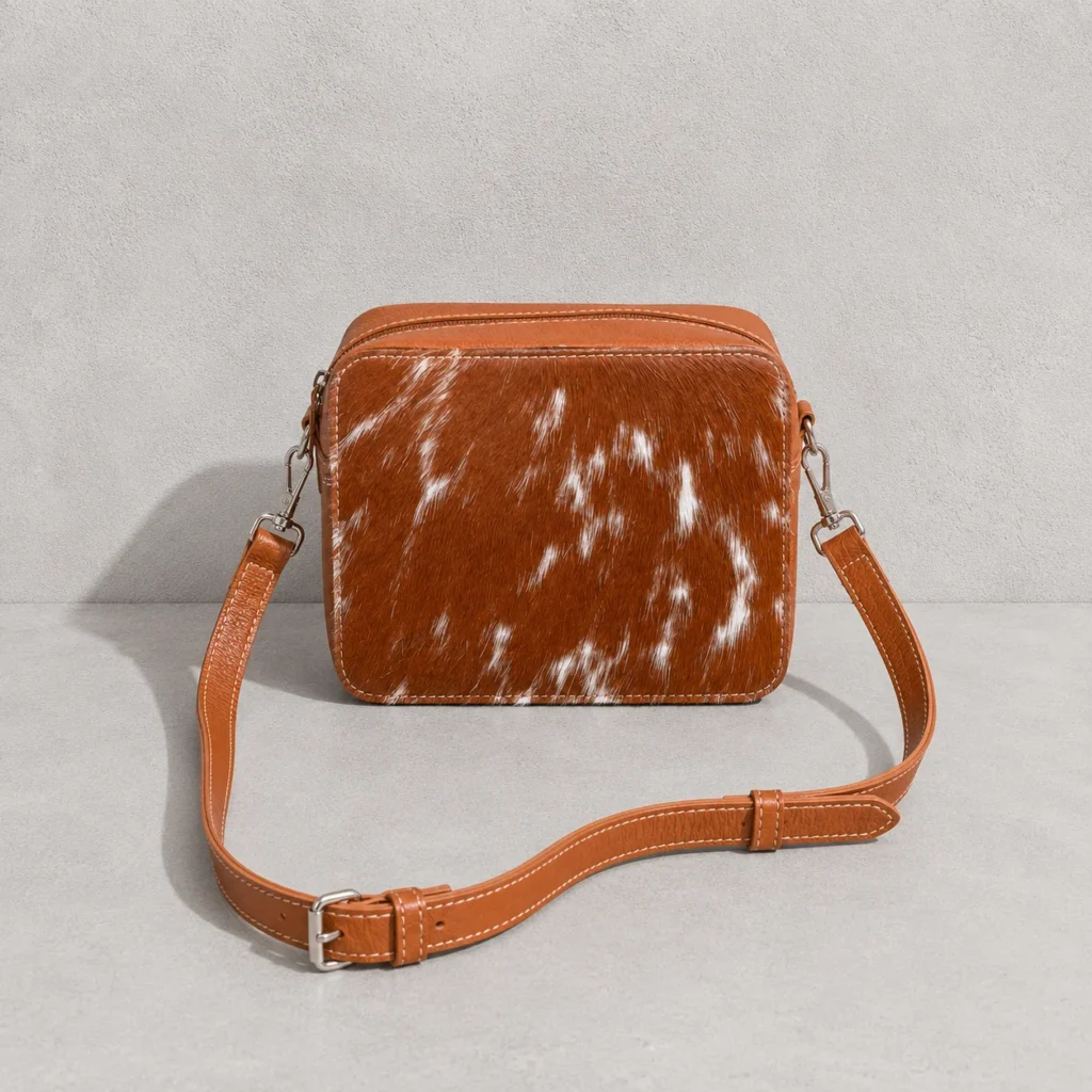 Tan leather cowhide crossbody bag box style purse for women with adjustable strap, large main compartment and inside pocket, structured design