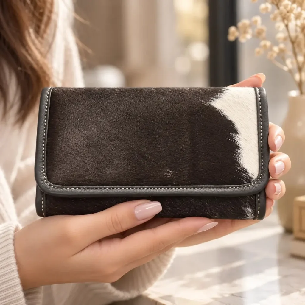 Black and white cowhide wallet for women with magnetic flip cover and card holders