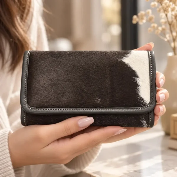 Black and white cowhide wallet for women with magnetic flip cover and card holders