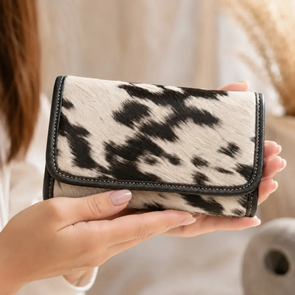 Black and white cowhide flip wallet for women with magnetic cover and multiple card compartments