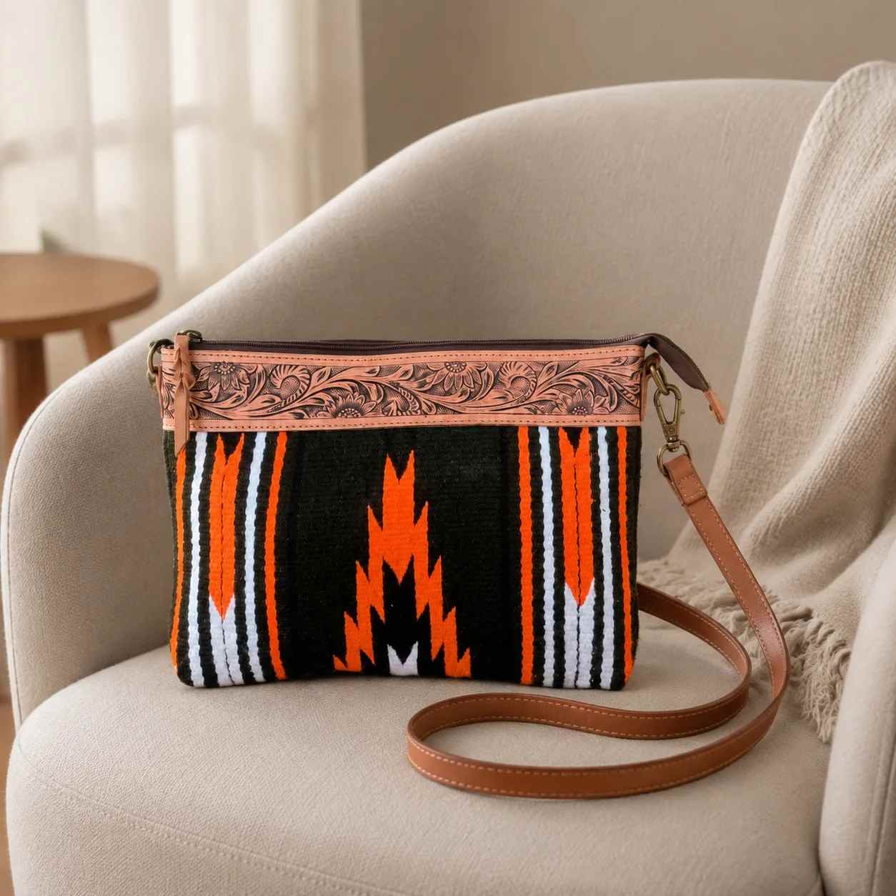 Handmade Durri fabric crossbody purse with hand tooled leather detail