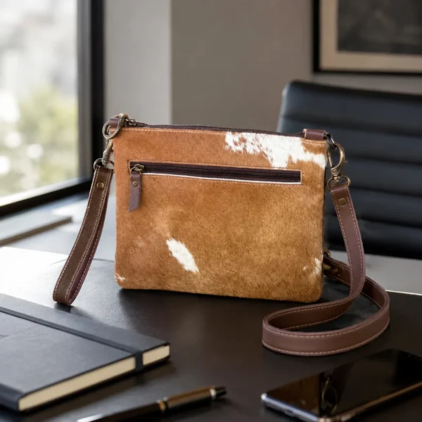 Cowhide mobile phone pouch with hand tooled leather flip and shoulder strap