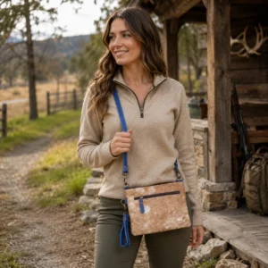 Hand tooled cowhide phone pouch with adjustable shoulder strap