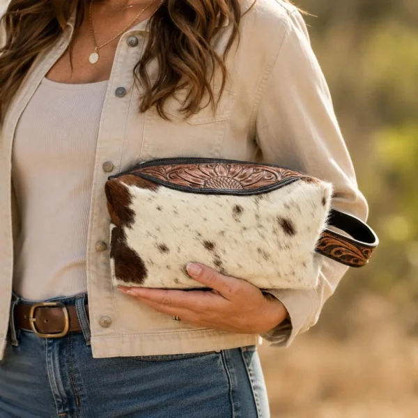 Cowhide toiletry bag with hand tooled leather and zipper compartment