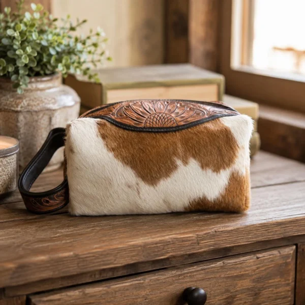 Cowhide toiletry bag with hand tooled leather and zipper compartment