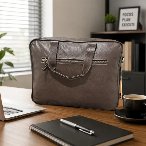 Natural leather laptop bag with multiple pockets and shoulder strap