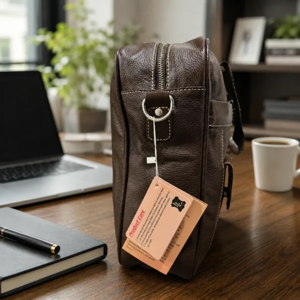 Natural leather laptop bag with multiple pockets and shoulder strap