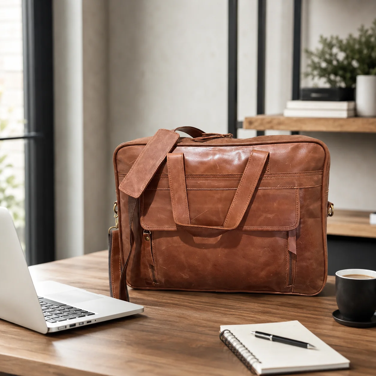 Cow leather laptop briefcase with shoulder strap for office and business use