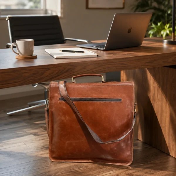 Brown leather laptop bag messenger style with shoulder strap