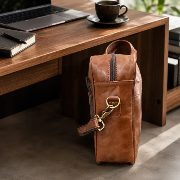 Brown leather laptop bag messenger style with shoulder strap