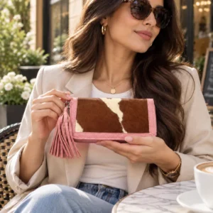 Pink cowhide leather hand wallet for women with tassel, held by model