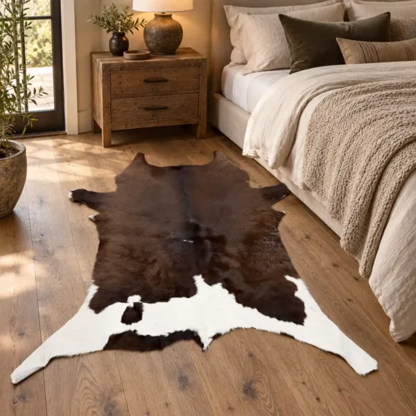 Calf hide rug chocolate brown white - bedroom