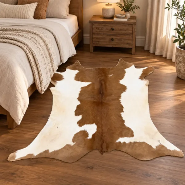 Calf hide rug tan white - bedroom